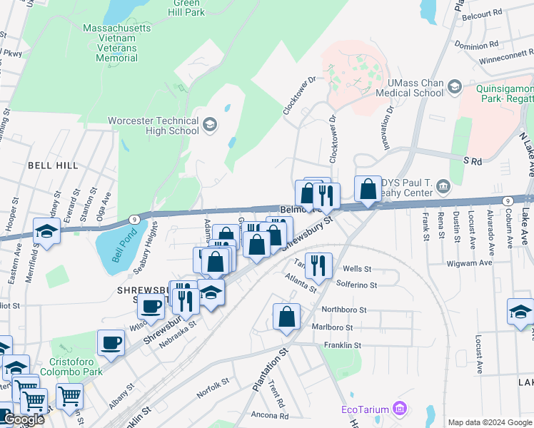 map of restaurants, bars, coffee shops, grocery stores, and more near 24 Prentice Street in Worcester