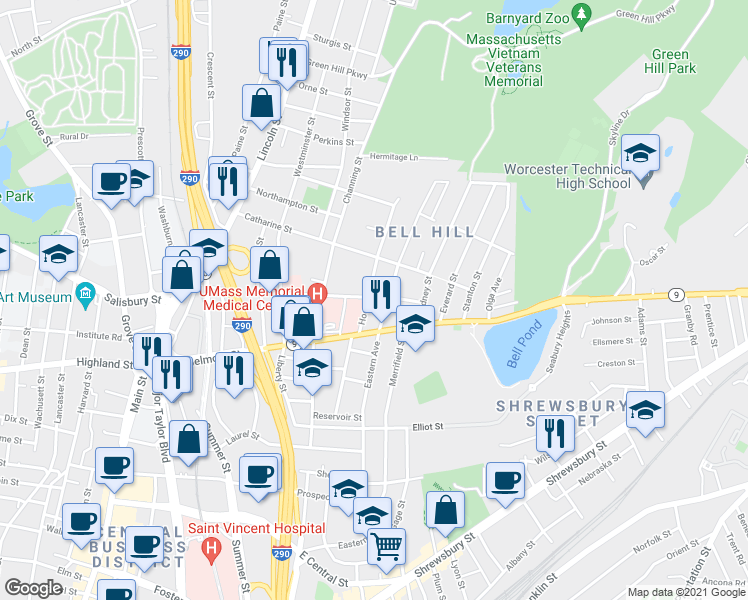 map of restaurants, bars, coffee shops, grocery stores, and more near 8 Hooper Street in Worcester