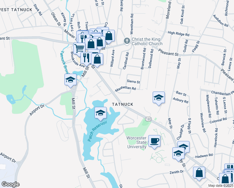 map of restaurants, bars, coffee shops, grocery stores, and more near 577 Massachusetts 122 in Worcester
