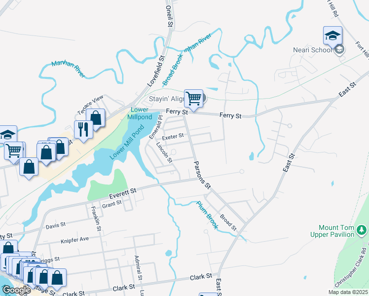 map of restaurants, bars, coffee shops, grocery stores, and more near 17 Maine Avenue in Easthampton