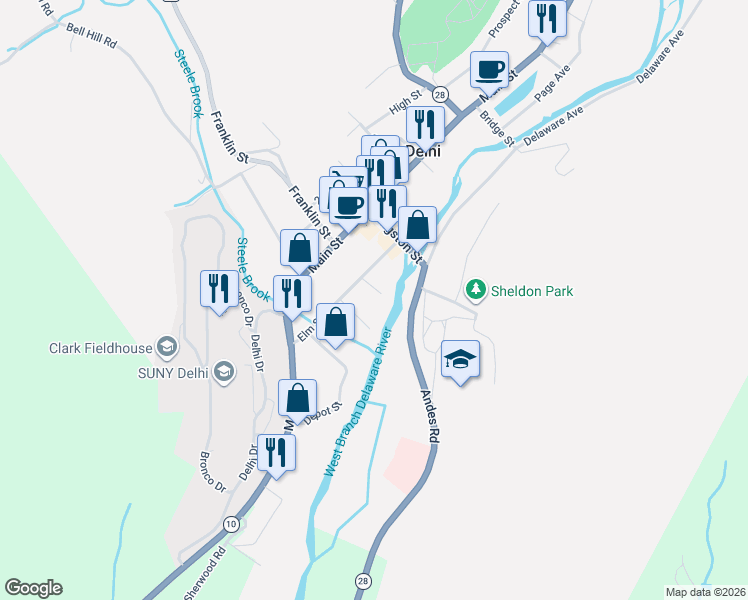 map of restaurants, bars, coffee shops, grocery stores, and more near 134 Andes Road in Delhi