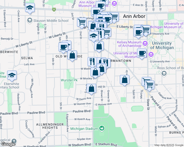map of restaurants, bars, coffee shops, grocery stores, and more near 631 South 1st Street in Ann Arbor