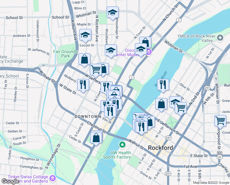 map of restaurants, bars, coffee shops, grocery stores, and more near 216 North Main Street in Rockford