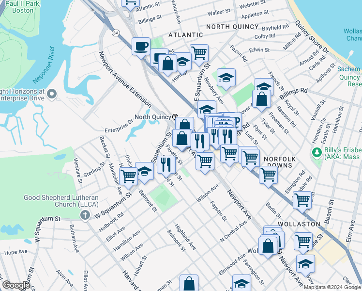 map of restaurants, bars, coffee shops, grocery stores, and more near 25 Newport Avenue in Quincy