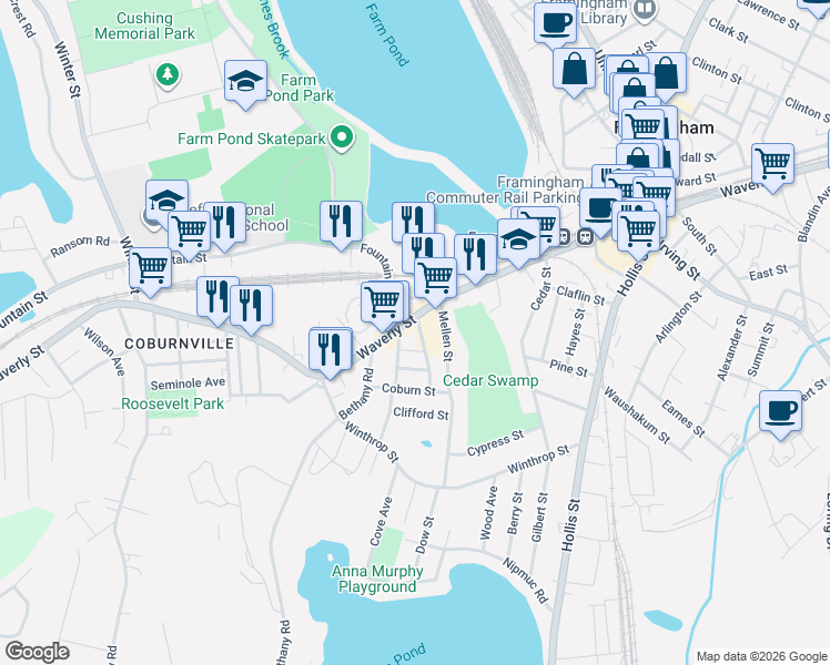 map of restaurants, bars, coffee shops, grocery stores, and more near 9 Saucier Street in Framingham