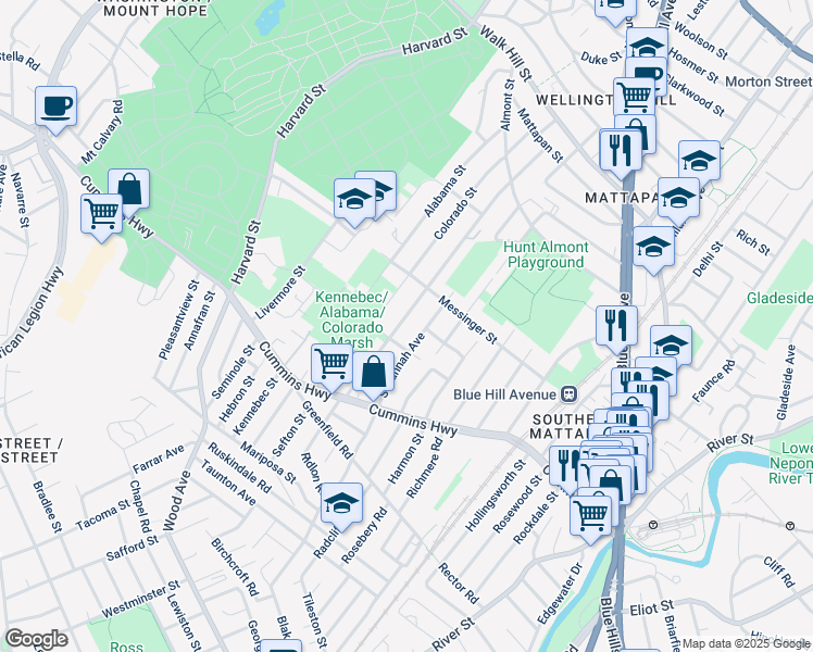 map of restaurants, bars, coffee shops, grocery stores, and more near 174 Savannah Avenue in Boston