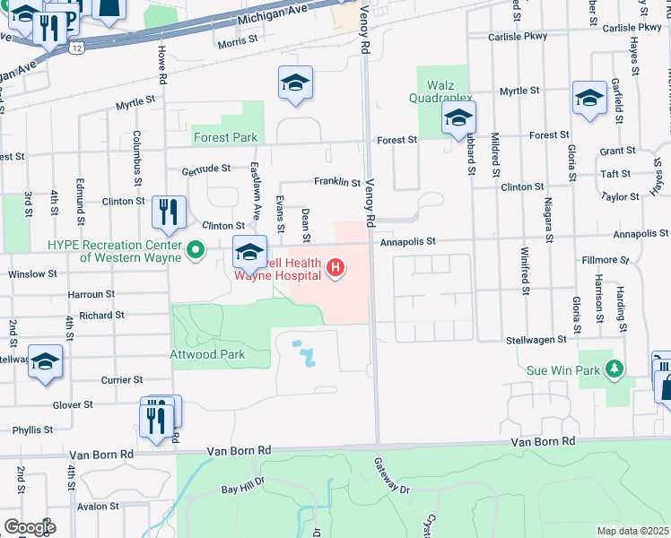 map of restaurants, bars, coffee shops, grocery stores, and more near 33155 Annapolis Street in Wayne