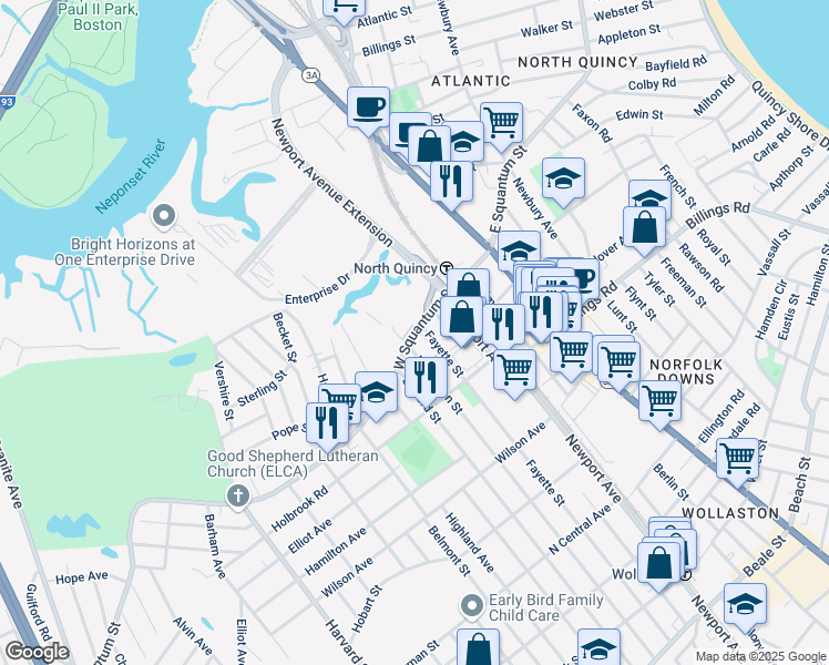map of restaurants, bars, coffee shops, grocery stores, and more near in Quincy