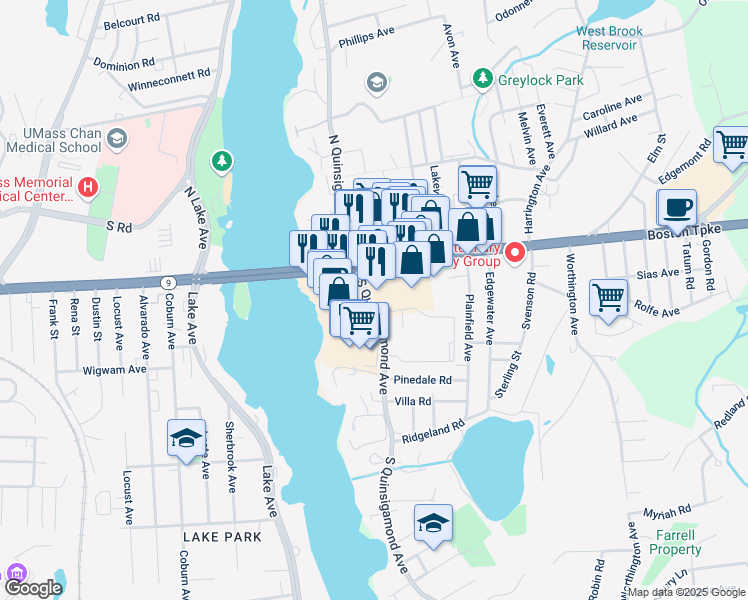 map of restaurants, bars, coffee shops, grocery stores, and more near 14 Shrewsbury Green Drive in Shrewsbury