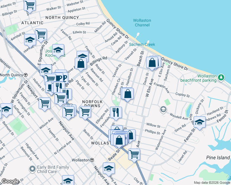 map of restaurants, bars, coffee shops, grocery stores, and more near 113 Rawson Road in Quincy