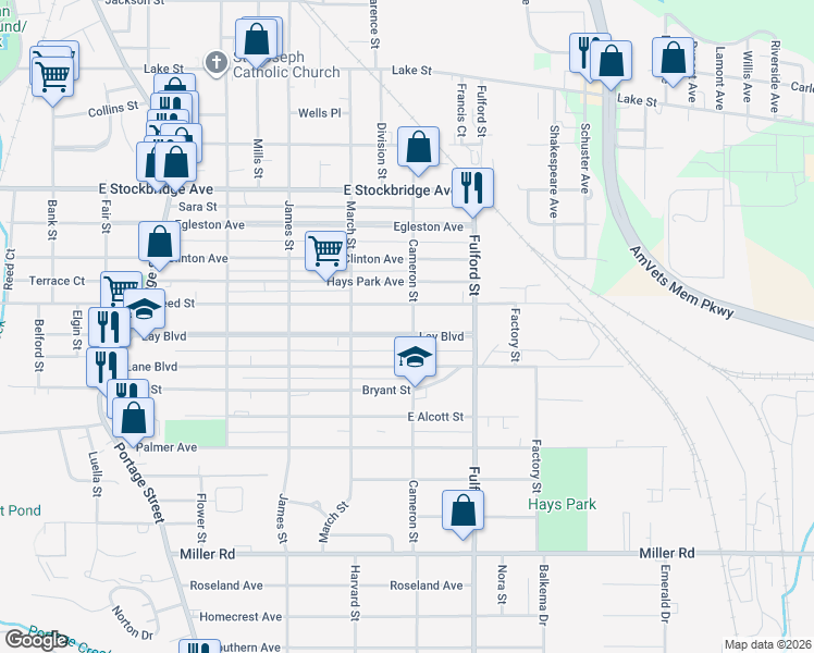 map of restaurants, bars, coffee shops, grocery stores, and more near 1608 Lay Boulevard in Kalamazoo
