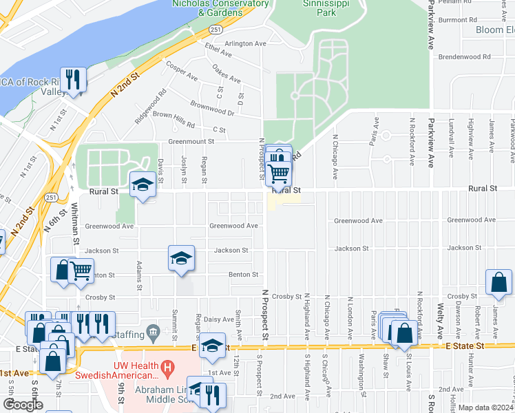 map of restaurants, bars, coffee shops, grocery stores, and more near 612 North Prospect Street in Rockford