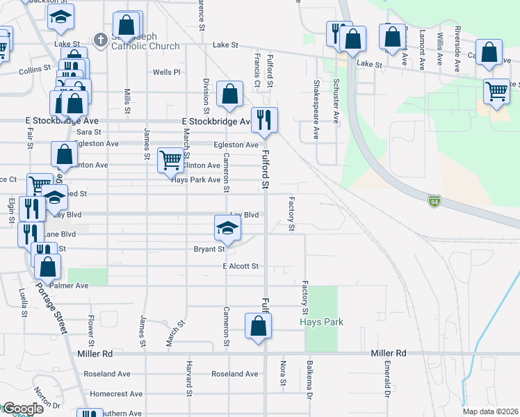 map of restaurants, bars, coffee shops, grocery stores, and more near 1723 Lay Boulevard in Kalamazoo