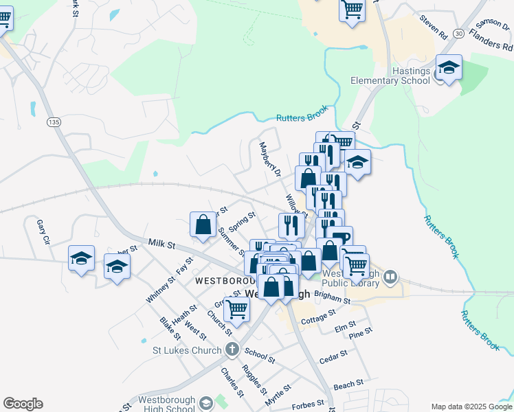 map of restaurants, bars, coffee shops, grocery stores, and more near 19 High Street in Westborough
