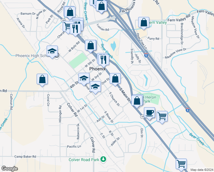 map of restaurants, bars, coffee shops, grocery stores, and more near 108 North Church Street in Phoenix