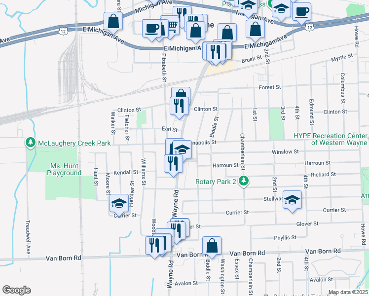 map of restaurants, bars, coffee shops, grocery stores, and more near 4653 South Wayne Road in Wayne