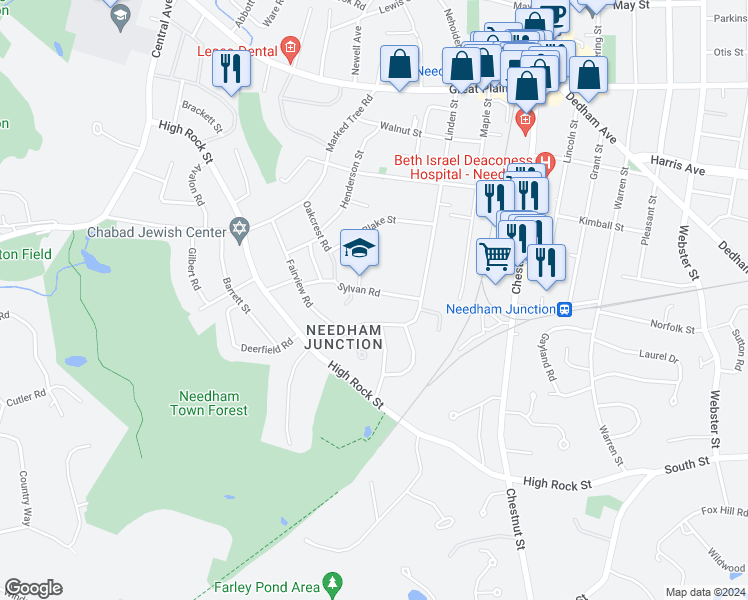 map of restaurants, bars, coffee shops, grocery stores, and more near 80 Sylvan Road in Needham