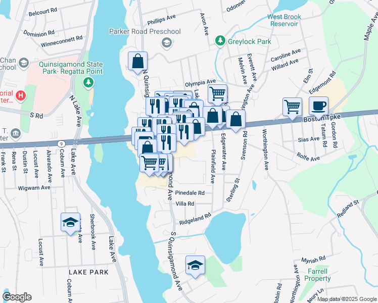 map of restaurants, bars, coffee shops, grocery stores, and more near Shrewsbury Green in Shrewsbury