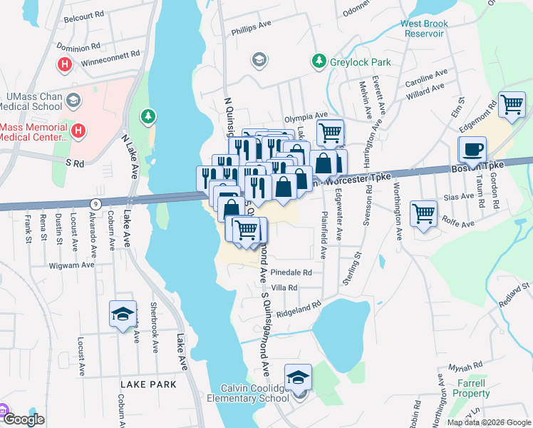 map of restaurants, bars, coffee shops, grocery stores, and more near 62 Shrewsbury Green Drive in Shrewsbury
