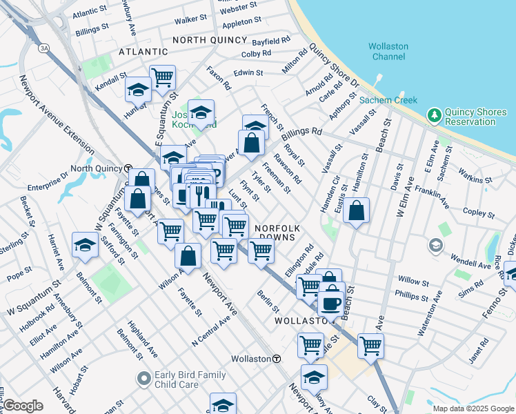 map of restaurants, bars, coffee shops, grocery stores, and more near 55 Lunt Street in Quincy