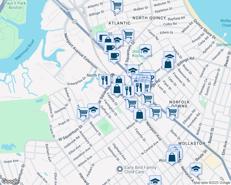 map of restaurants, bars, coffee shops, grocery stores, and more near 26 Fayette Street in Quincy