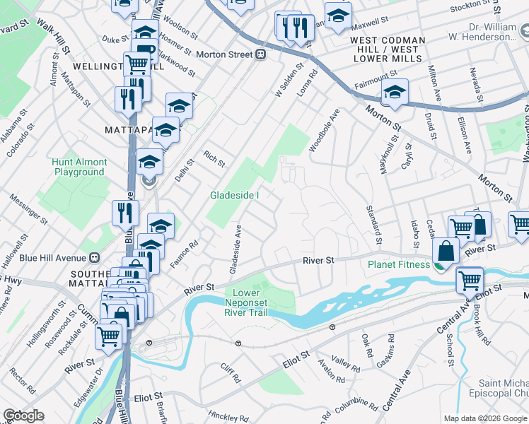 map of restaurants, bars, coffee shops, grocery stores, and more near 26 Bluefield Terrace in Boston
