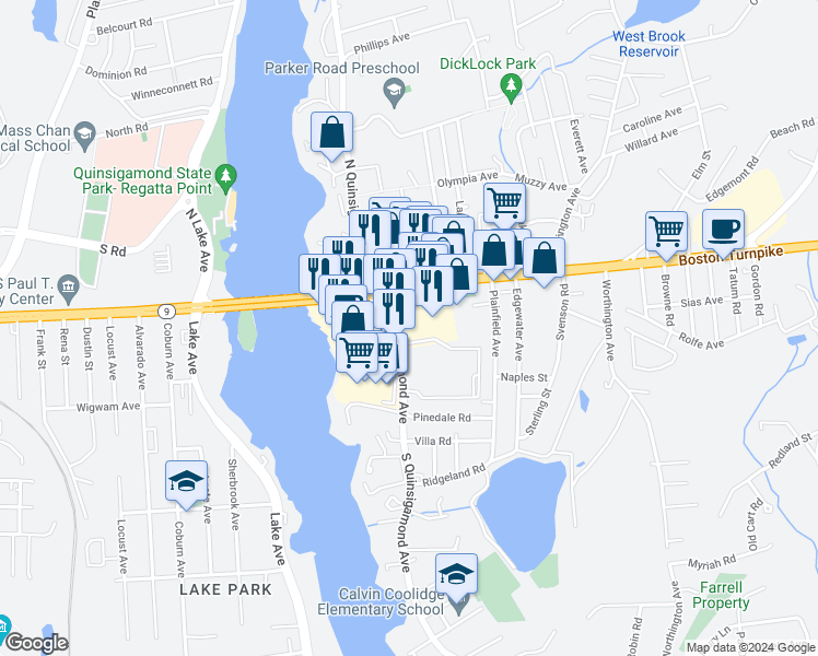 map of restaurants, bars, coffee shops, grocery stores, and more near 27 South Quinsigamond Avenue in Shrewsbury