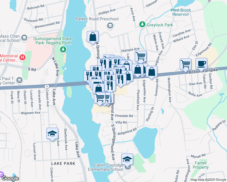 map of restaurants, bars, coffee shops, grocery stores, and more near 27 South Quinsigamond Avenue in Shrewsbury