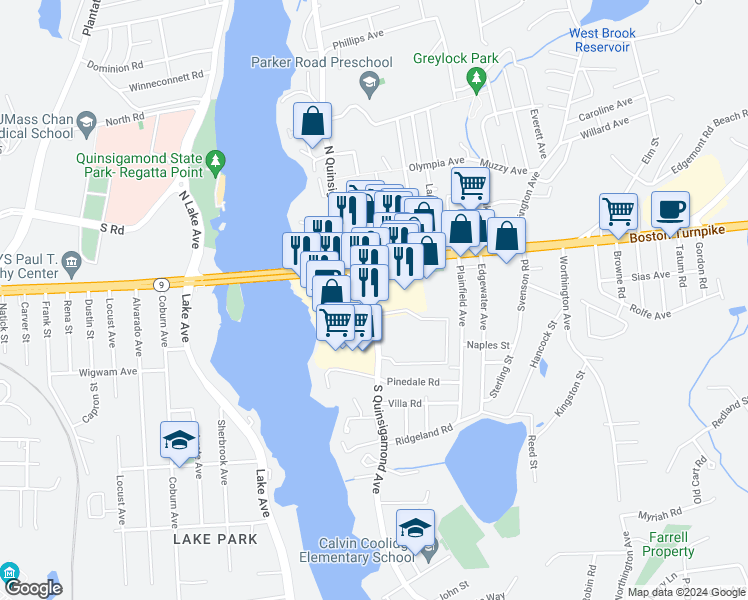 map of restaurants, bars, coffee shops, grocery stores, and more near 27 South Quinsigamond Avenue in Shrewsbury
