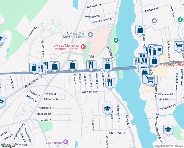 map of restaurants, bars, coffee shops, grocery stores, and more near 10 Alvarado Avenue in Worcester