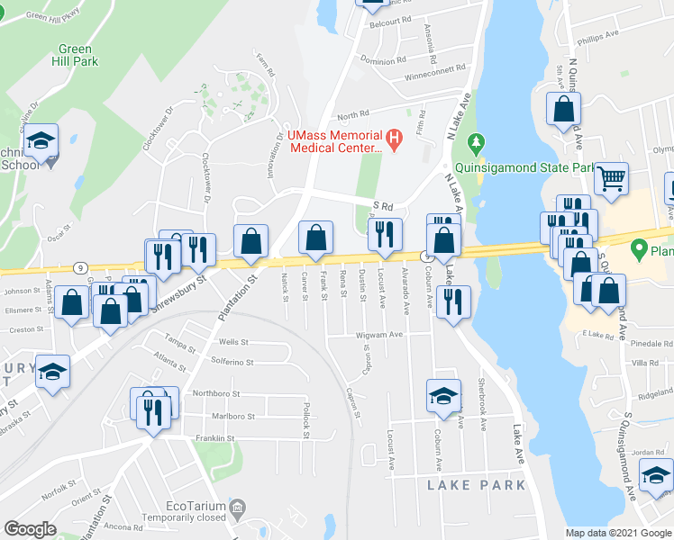 map of restaurants, bars, coffee shops, grocery stores, and more near 8 Rena Street in Worcester