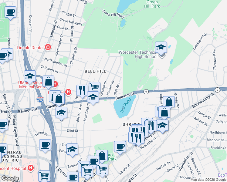map of restaurants, bars, coffee shops, grocery stores, and more near 199 Belmont Street in Worcester