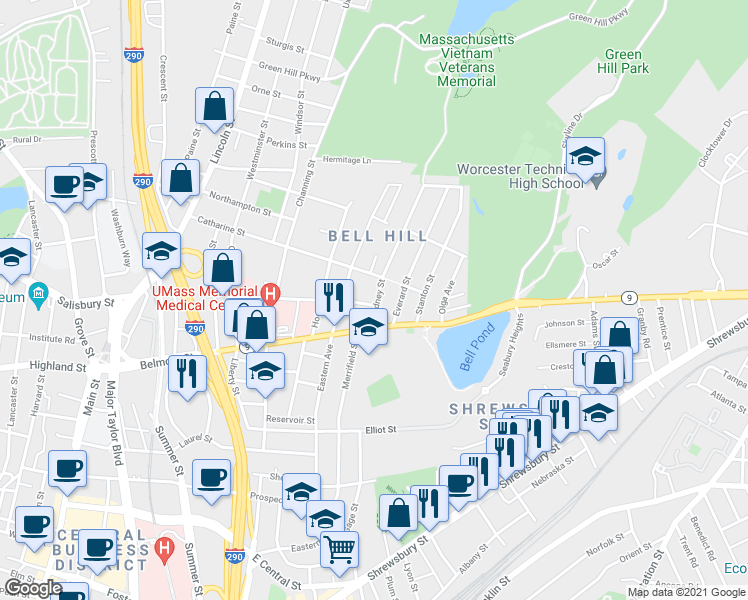 map of restaurants, bars, coffee shops, grocery stores, and more near 3 Everard Street in Worcester