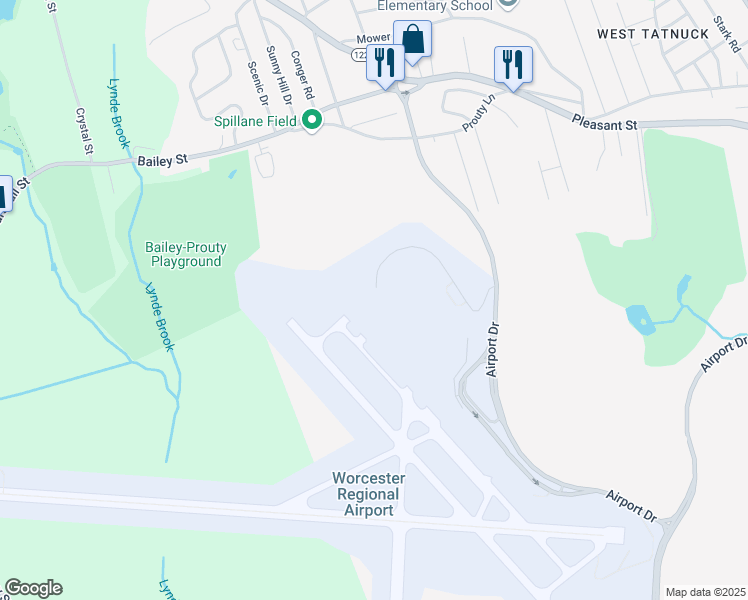 map of restaurants, bars, coffee shops, grocery stores, and more near 275A Airport Drive in Worcester