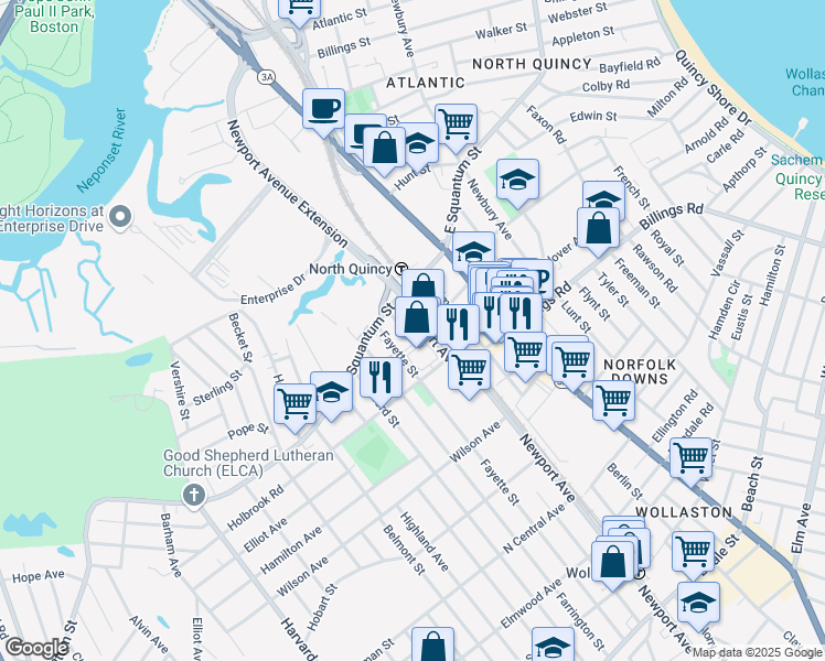 map of restaurants, bars, coffee shops, grocery stores, and more near 25 Newport Avenue in Quincy