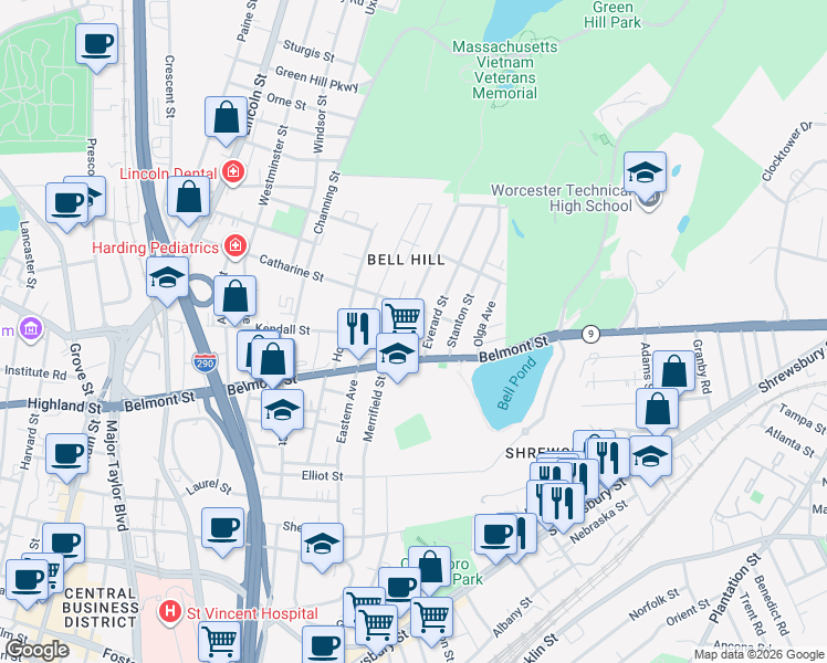 map of restaurants, bars, coffee shops, grocery stores, and more near 23 Rodney Street in Worcester