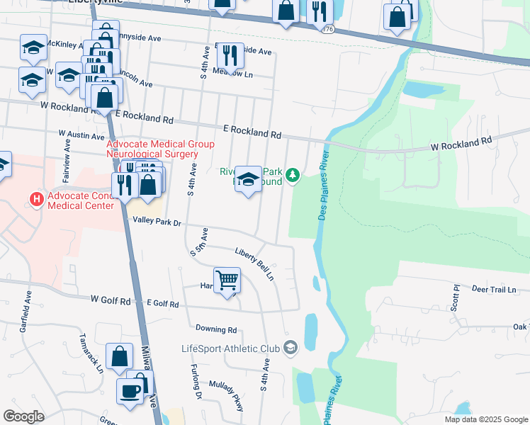 map of restaurants, bars, coffee shops, grocery stores, and more near 740 7th Avenue in Libertyville