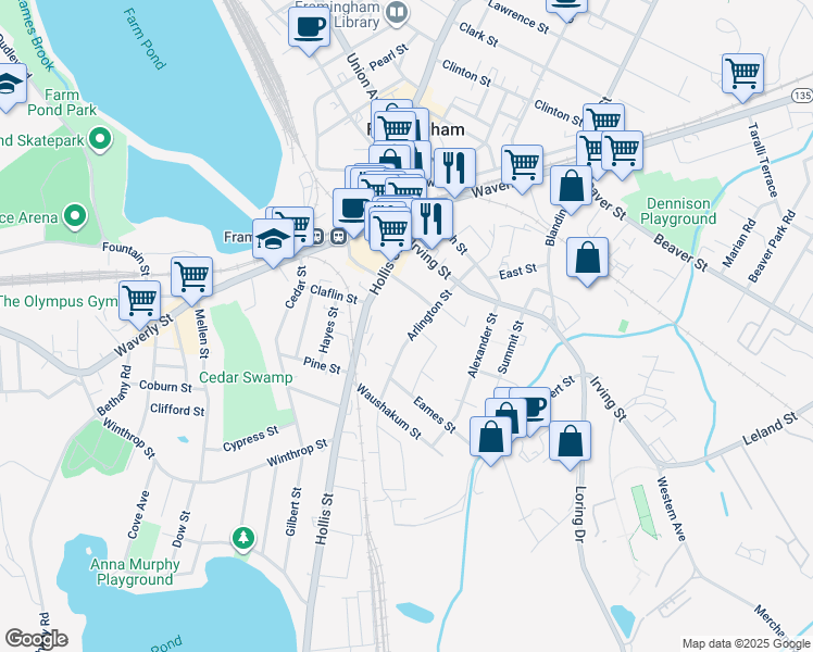map of restaurants, bars, coffee shops, grocery stores, and more near 90 Arlington Street in Framingham