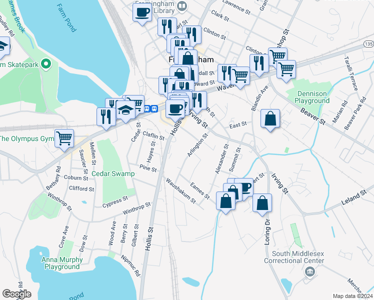 map of restaurants, bars, coffee shops, grocery stores, and more near 77 Arlington Street in Framingham