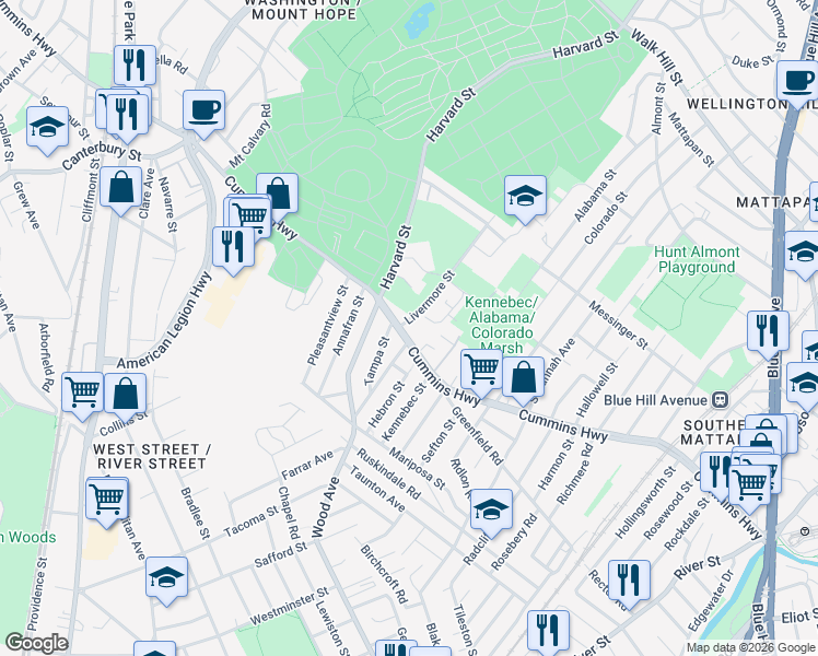 map of restaurants, bars, coffee shops, grocery stores, and more near 592 Cummins Highway in Boston