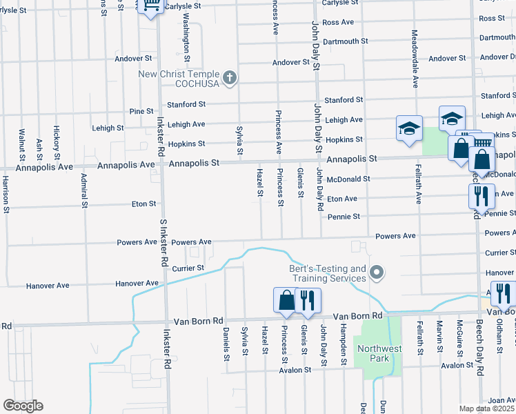 map of restaurants, bars, coffee shops, grocery stores, and more near 4960 Hazel Street in Dearborn Heights