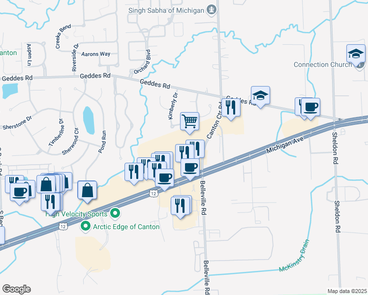 map of restaurants, bars, coffee shops, grocery stores, and more near 45540 Michigan Avenue in Canton