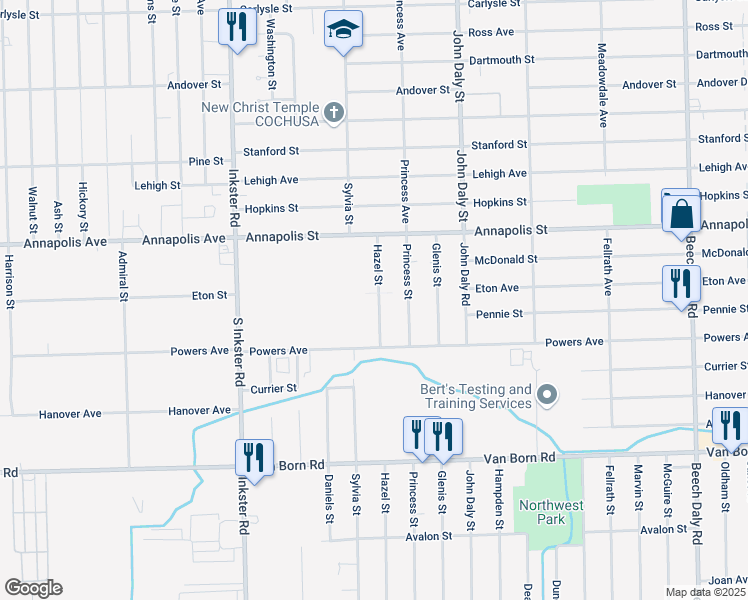 map of restaurants, bars, coffee shops, grocery stores, and more near 4960 Hazel Street in Dearborn Heights