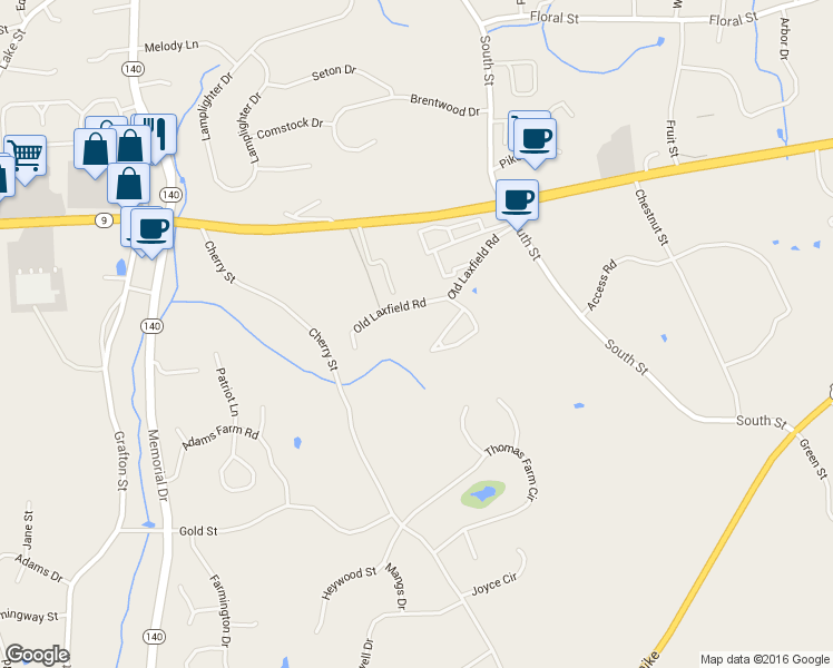 map of restaurants, bars, coffee shops, grocery stores, and more near 21 Brookdale Circle in Shrewsbury