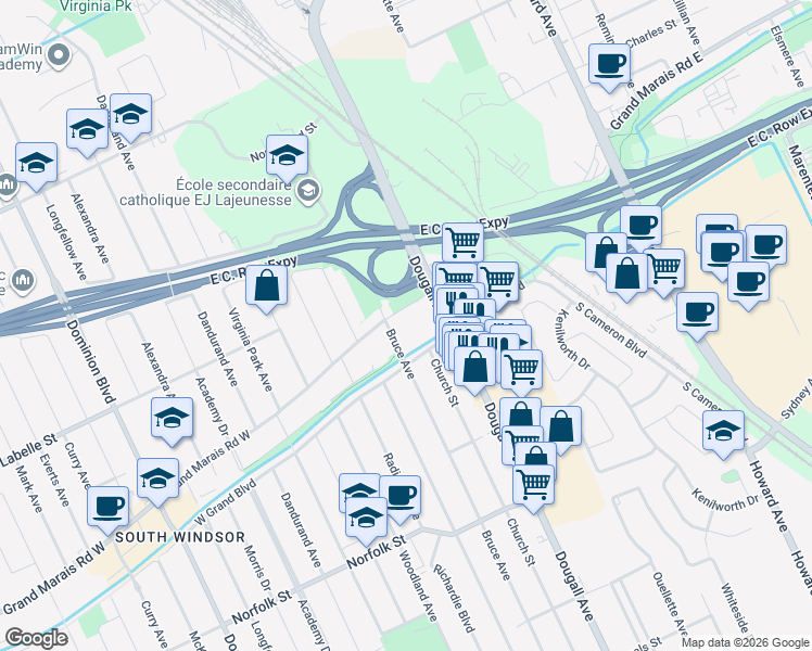 map of restaurants, bars, coffee shops, grocery stores, and more near 401 Grand Marais Road West in Windsor