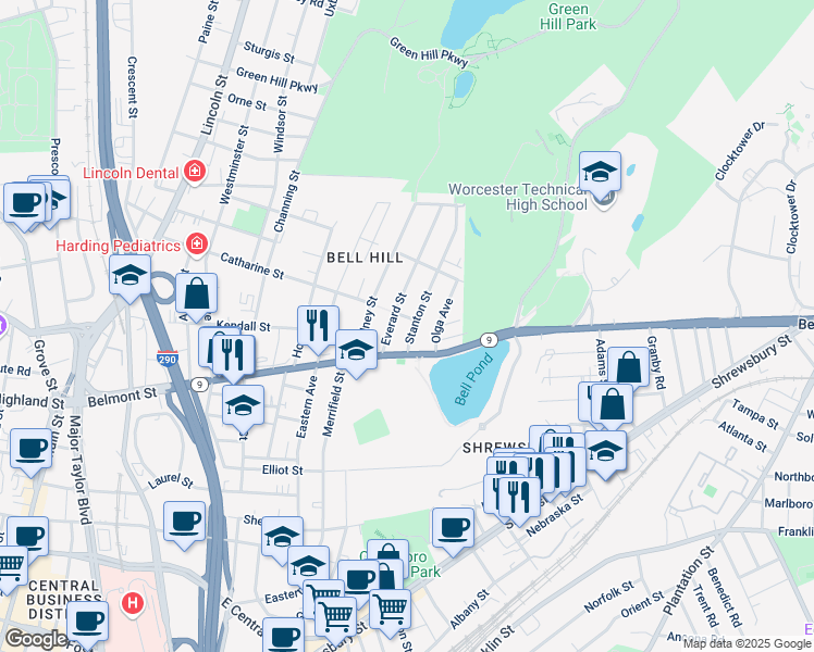 map of restaurants, bars, coffee shops, grocery stores, and more near 19 Stanton Street in Worcester