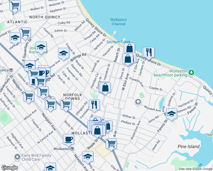 map of restaurants, bars, coffee shops, grocery stores, and more near 22 Bromfield Street in Quincy