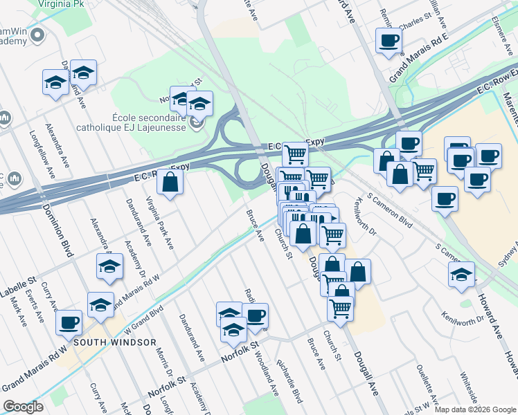 map of restaurants, bars, coffee shops, grocery stores, and more near 455 Grand Marais Road West in Windsor