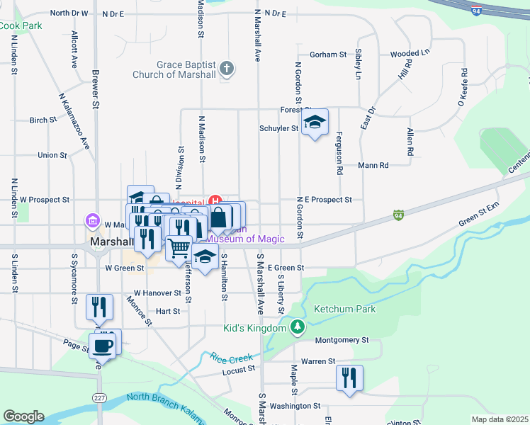map of restaurants, bars, coffee shops, grocery stores, and more near 506 East Mansion Street in Marshall