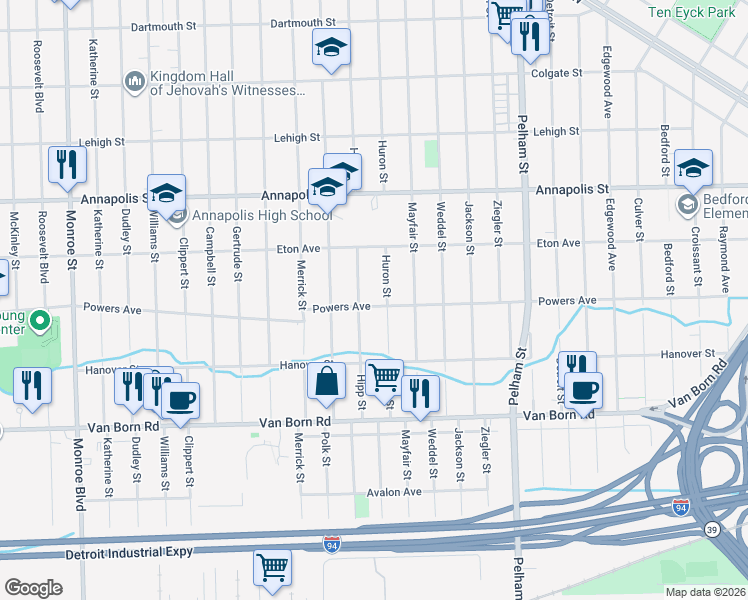 map of restaurants, bars, coffee shops, grocery stores, and more near 20524 Powers Avenue in Dearborn Heights